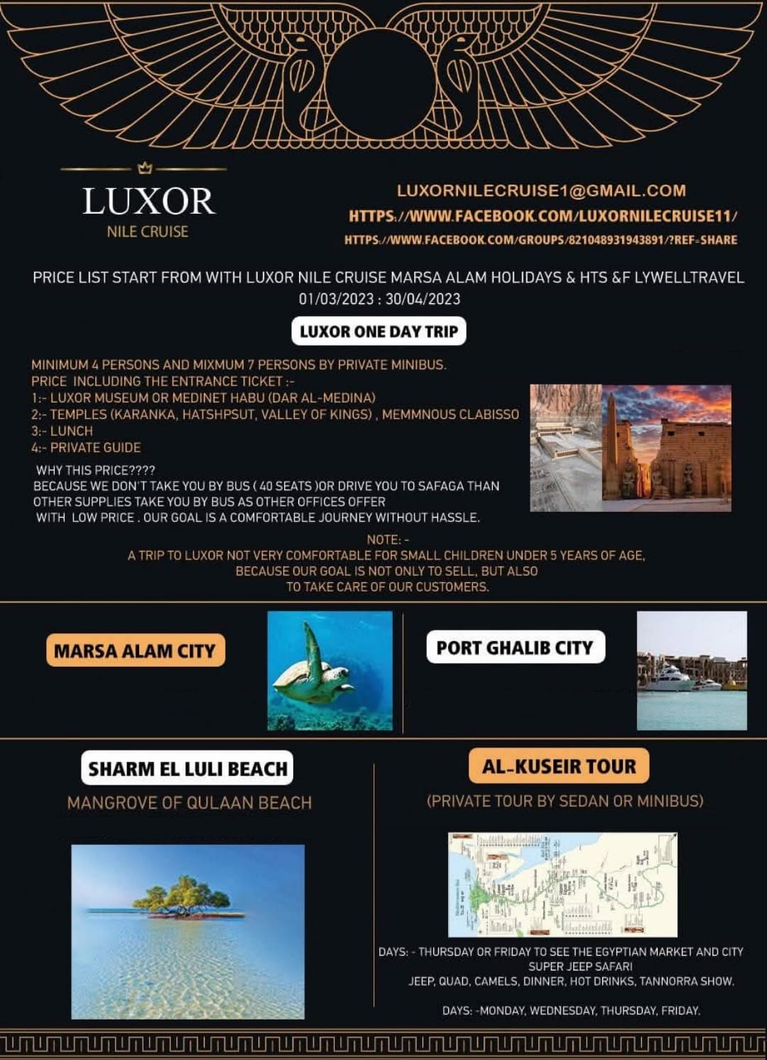 Company excursion poster: Luxor one-day trip by private minibus, Marsa Alam City, Port Ghalib City, Sharm El Luli Beach and Mangrove of Qulaan Beach, Al-Kuseir tour and super jeep safari