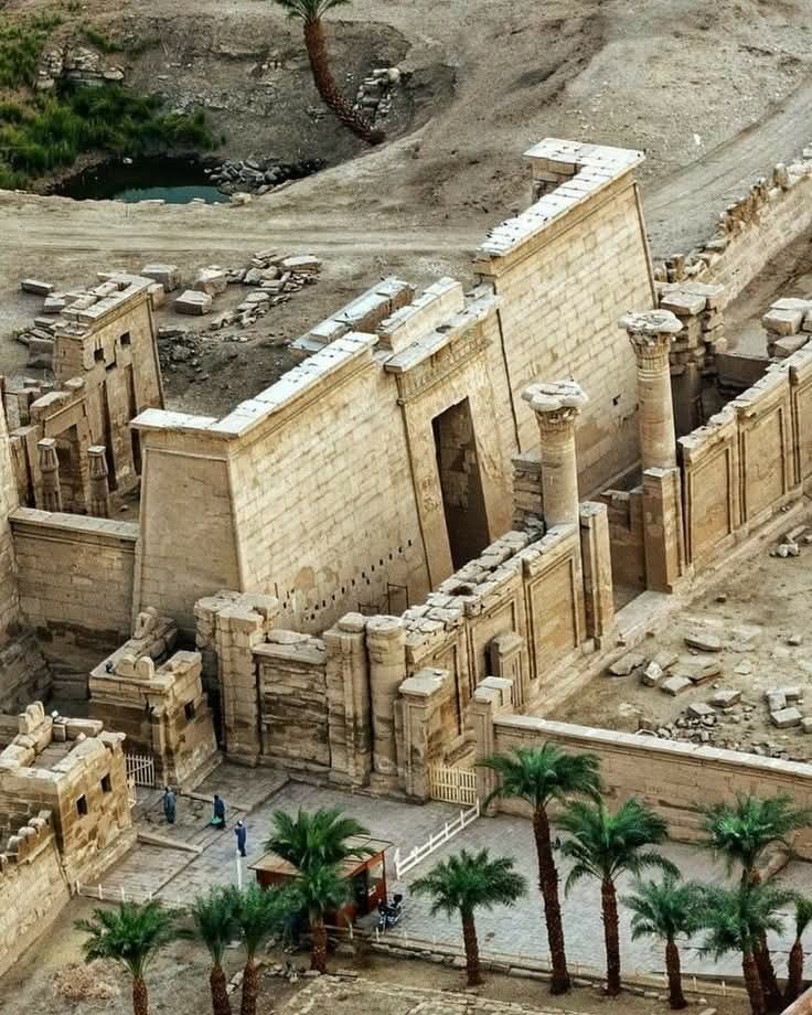 Elevated view of the carved stone walls and columns of Kom Ombo Temple