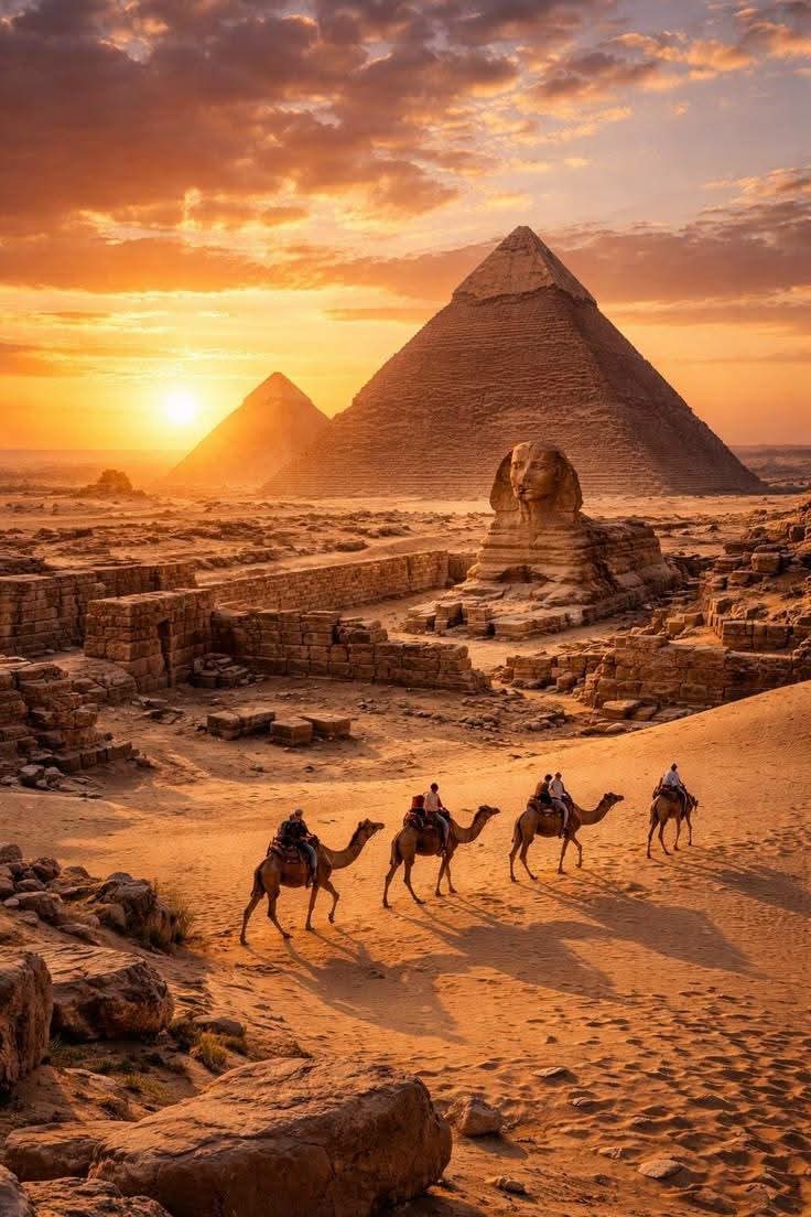 The pyramids of Giza and the Sphinx at sunset, with camels crossing the sand