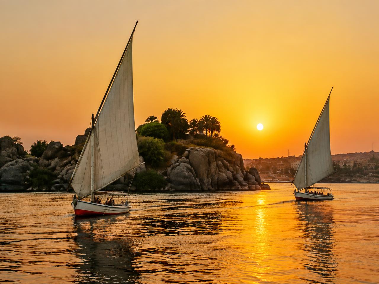 Feluccas at sunset near Aswan