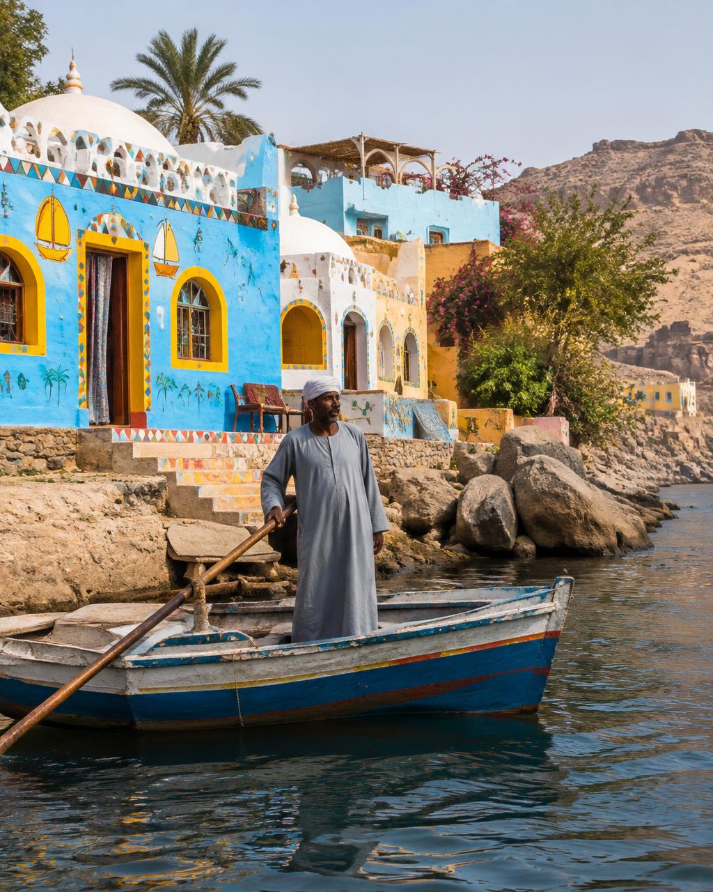 Boatman in front of painted Nubian houses