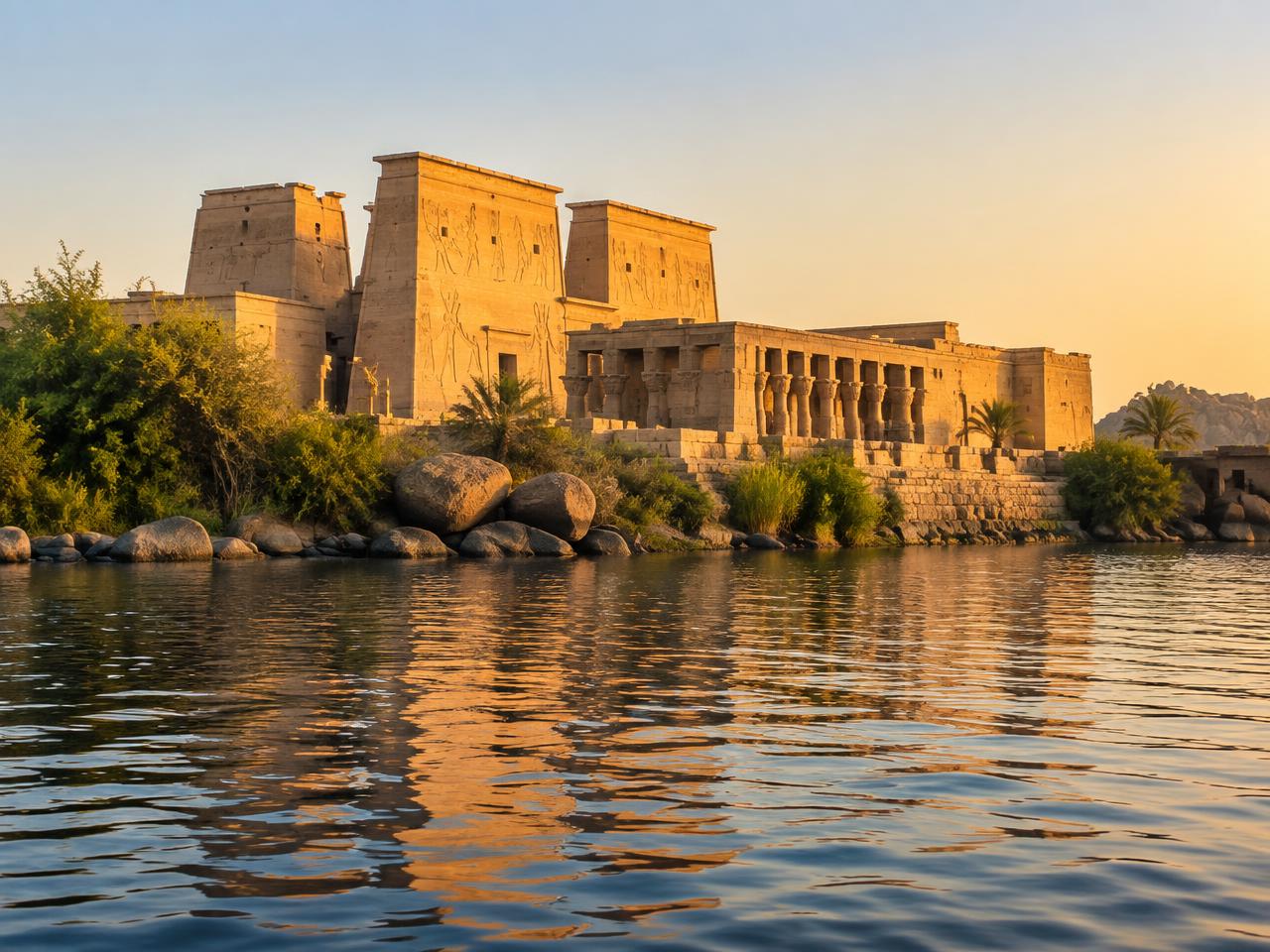 Philae Temple reflected in the water
